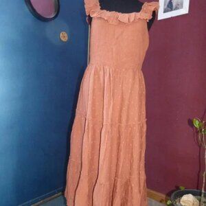 GOTH BOHO CINNAMON COLOR TIERED OLD NAVY RUFFLE MAXI ON OFF SHOULDER DRESS